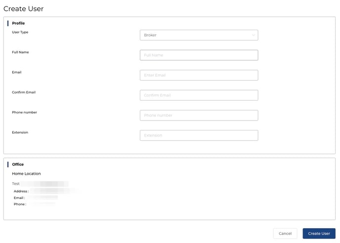 2-Creating a User in Brokerage Location - Create User Form
